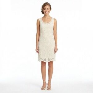 Express Ivory Lace Overlay Sleeveless Dress XS Embroidered Scalloped Hem Boho